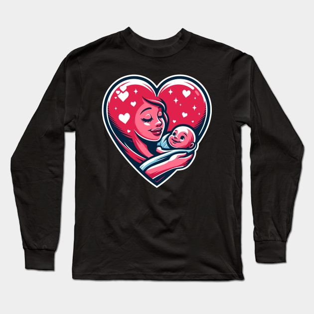 Mother Love Heart T-Shirt, Mother Holding Baby in Heart Illustration Tee, New Mom Gift, Mother's Day T-Shirt Graphic Tee Long Sleeve T-Shirt by Cat In Orbit ®